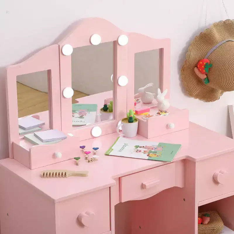 2-in-1 Girls Vanity Table with Tri-Fold Mirror & Light - Wooden Princess Makeup Desk with Stool & Drawer for Pretend Play