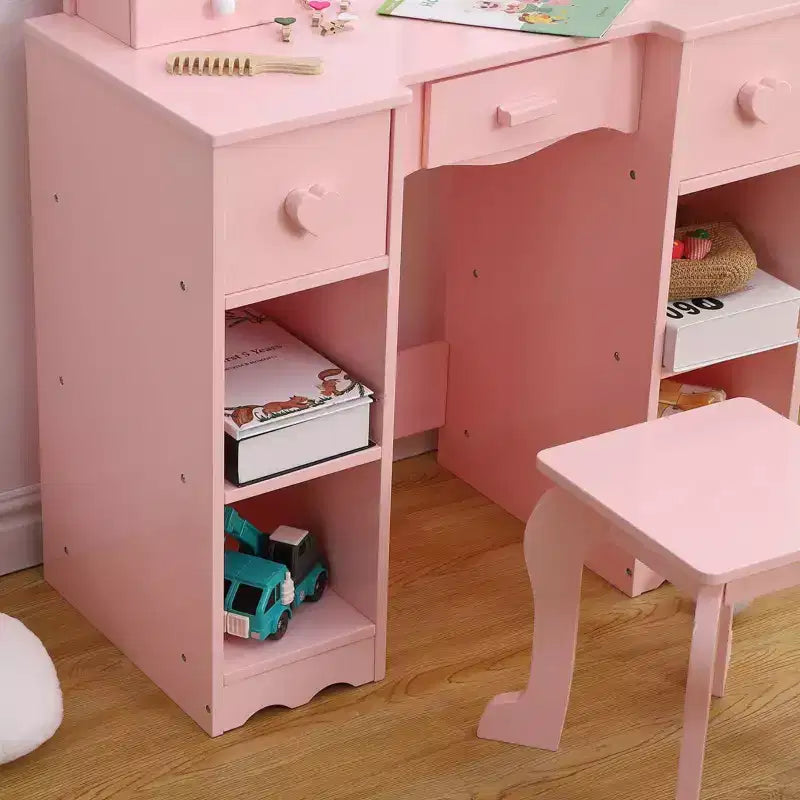 2-in-1 Girls Vanity Table with Tri-Fold Mirror & Light - Wooden Princess Makeup Desk with Stool & Drawer for Pretend Play