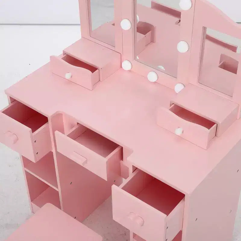 2-in-1 Girls Vanity Table with Tri-Fold Mirror & Light - Wooden Princess Makeup Desk with Stool & Drawer for Pretend Play