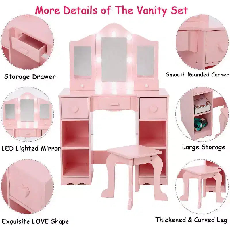 2-in-1 Girls Vanity Table with Tri-Fold Mirror & Light - Wooden Princess Makeup Desk with Stool & Drawer for Pretend Play