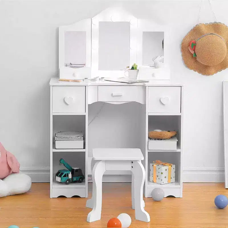 2-in-1 Girls Vanity Table with Tri-Fold Mirror & Light - Wooden Princess Makeup Desk with Stool & Drawer for Pretend Play