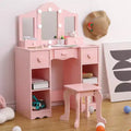2-in-1 Girls Vanity Table with Tri-Fold Mirror & Light - Wooden Princess Makeup Desk with Stool & Drawer for Pretend Play
