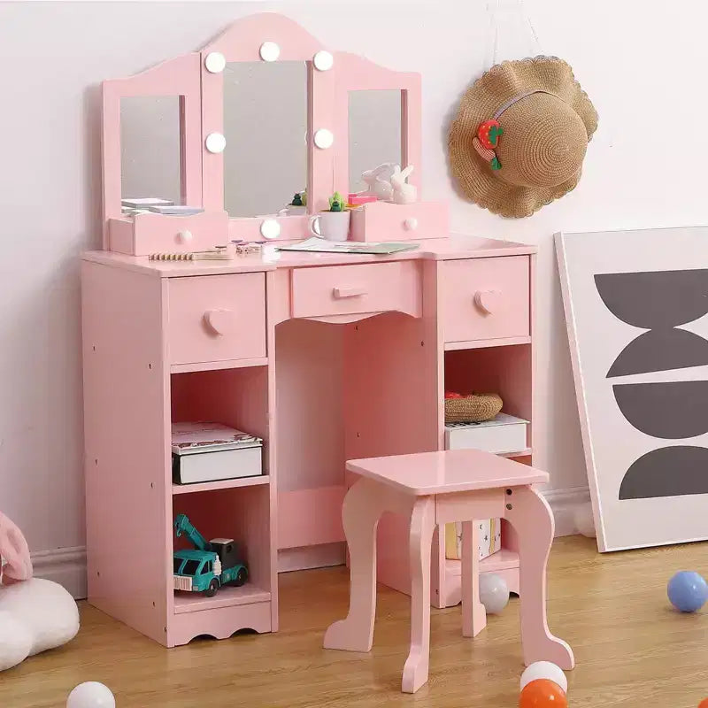 2-in-1 Girls Vanity Table with Tri-Fold Mirror & Light - Wooden Princess Makeup Desk with Stool & Drawer for Pretend Play