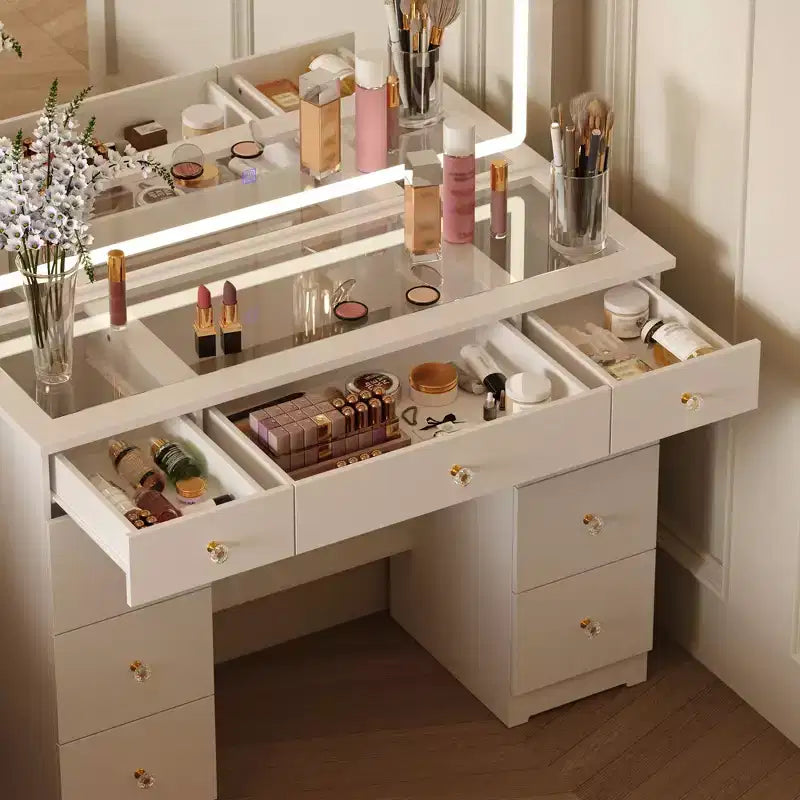 Famapy Elegant White Vanity: Large Mirror, Glass Top & Abundant Storage Vanity Table Makeup Vanity Desk Dressing Table Dresser