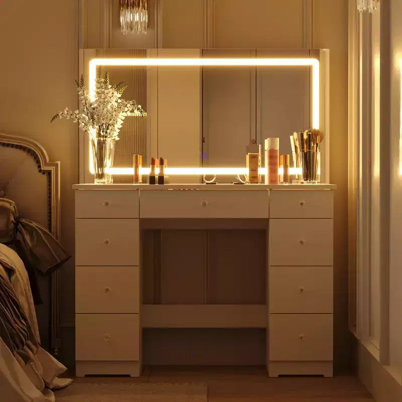 Famapy Elegant White Vanity: Large Mirror, Glass Top & Abundant Storage Vanity Table Makeup Vanity Desk Dressing Table Dresser