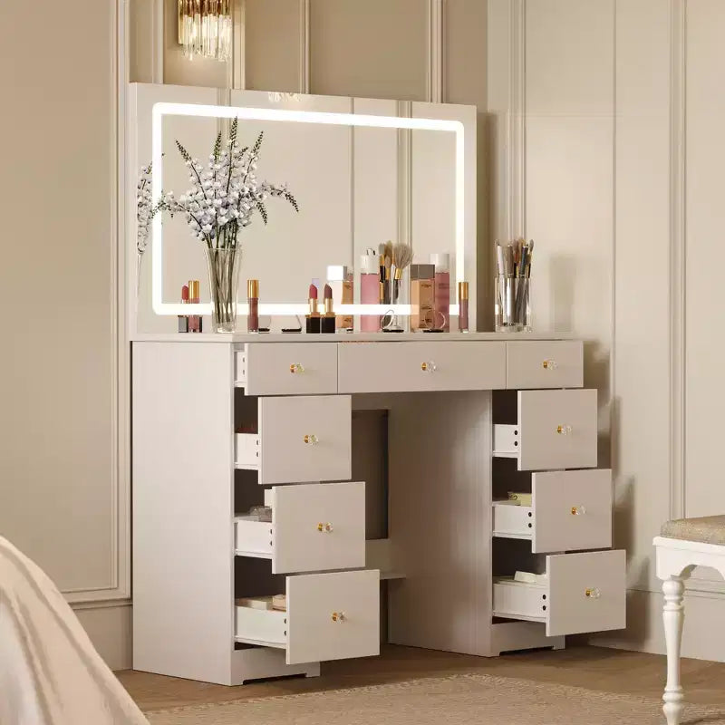 Famapy Elegant White Vanity: Large Mirror, Glass Top & Abundant Storage Vanity Table Makeup Vanity Desk Dressing Table Dresser
