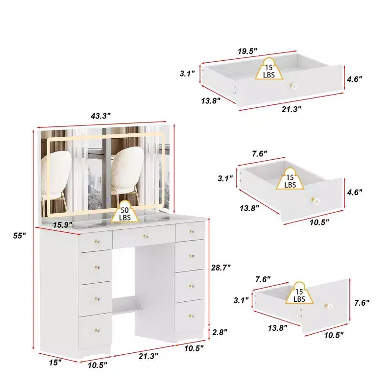 Famapy Elegant White Vanity: Large Mirror, Glass Top & Abundant Storage Vanity Table Makeup Vanity Desk Dressing Table Dresser