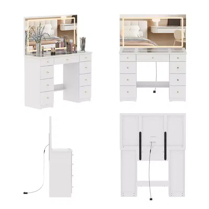 Famapy Elegant White Vanity: Large Mirror, Glass Top & Abundant Storage Vanity Table Makeup Vanity Desk Dressing Table Dresser