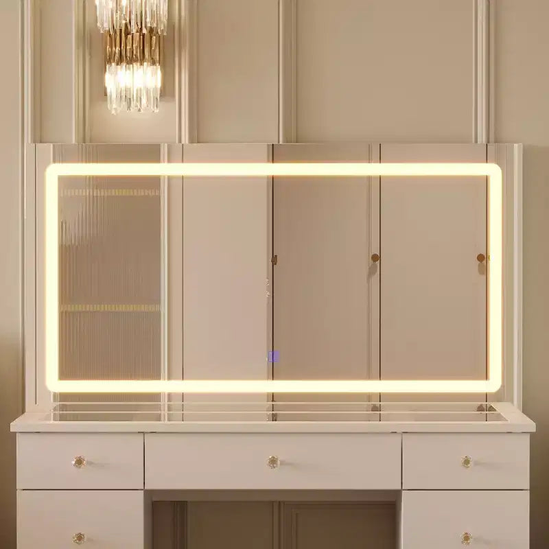 Famapy Elegant White Vanity: Large Mirror, Glass Top & Abundant Storage Vanity Table Makeup Vanity Desk Dressing Table Dresser