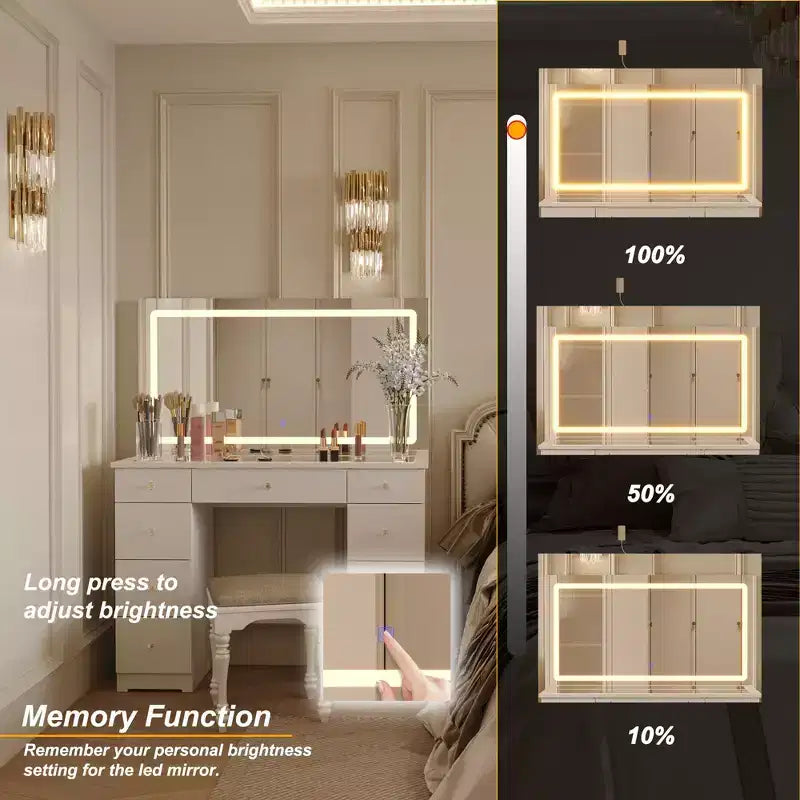 Famapy Elegant White Vanity: Large Mirror, Glass Top & Abundant Storage Vanity Table Makeup Vanity Desk Dressing Table Dresser