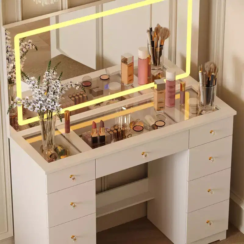 Famapy Elegant White Vanity: Large Mirror, Glass Top & Abundant Storage Vanity Table Makeup Vanity Desk Dressing Table Dresser