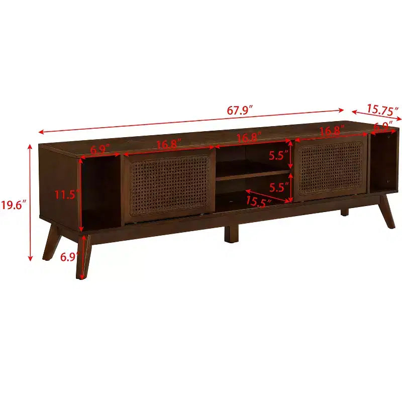Meuble TV GDFStudio Mandel style moderne du milieu du siècle en bois et rotin de 67,9 po avec 2 portes coulissantes