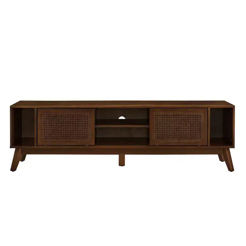 Meuble TV GDFStudio Mandel style moderne du milieu du siècle en bois et rotin de 67,9 po avec 2 portes coulissantes