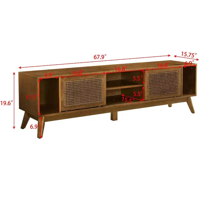 Meuble TV GDFStudio Mandel style moderne du milieu du siècle en bois et rotin de 67,9 po avec 2 portes coulissantes