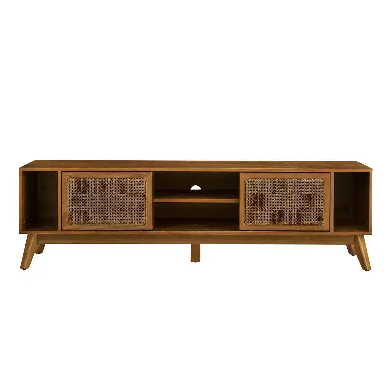 Meuble TV GDFStudio Mandel style moderne du milieu du siècle en bois et rotin de 67,9 po avec 2 portes coulissantes