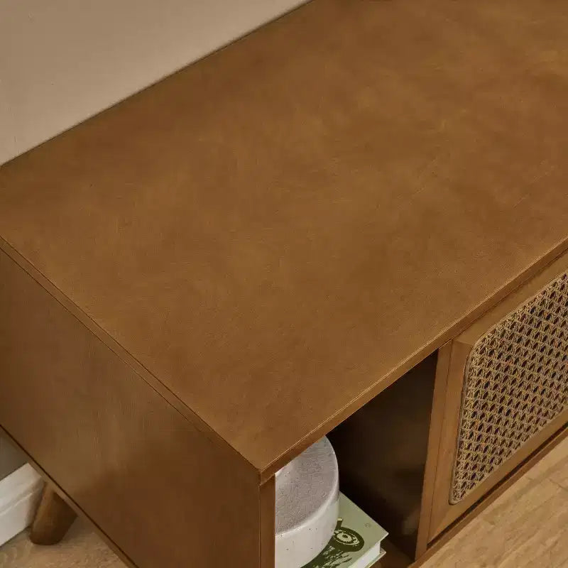 Meuble TV GDFStudio Mandel style moderne du milieu du siècle en bois et rotin de 67,9 po avec 2 portes coulissantes