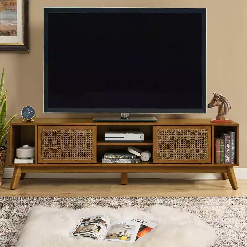 GDFStudio Mandel Mid-Century Modern 67.9 Wood and Rattan TV Stand with 2 Sliding Doors