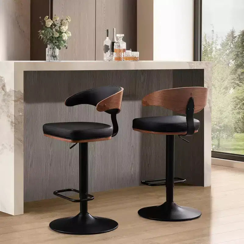 Tabouret de bar pivotant Art Leon en bois courbé et similicuir, à hauteur réglable