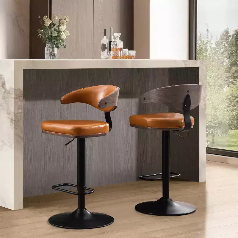 Tabouret de bar pivotant Art Leon en bois courbé et similicuir, à hauteur réglable