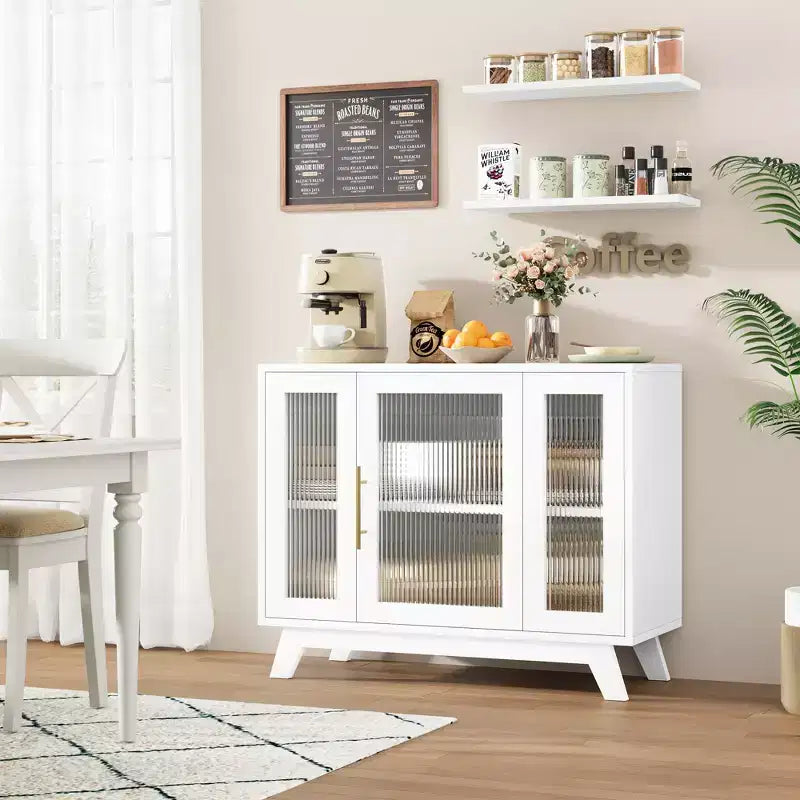 Buffet Cabinet with Storage, 36 Sideboard Cabinet with Fluted Glass Door, Retro Coffee Bar Station with Adjustable Shelf, White