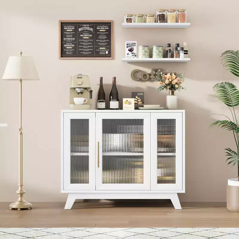 Buffet Cabinet with Storage, 36 Sideboard Cabinet with Fluted Glass Door, Retro Coffee Bar Station with Adjustable Shelf, White