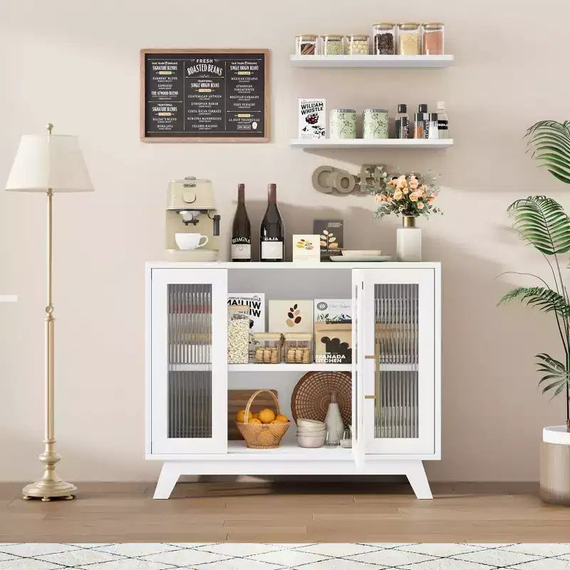 Buffet Cabinet with Storage, 36 Sideboard Cabinet with Fluted Glass Door, Retro Coffee Bar Station with Adjustable Shelf, White