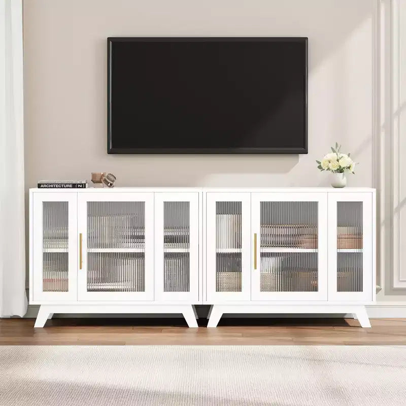 Buffet Cabinet with Storage, 36 Sideboard Cabinet with Fluted Glass Door, Retro Coffee Bar Station with Adjustable Shelf, White