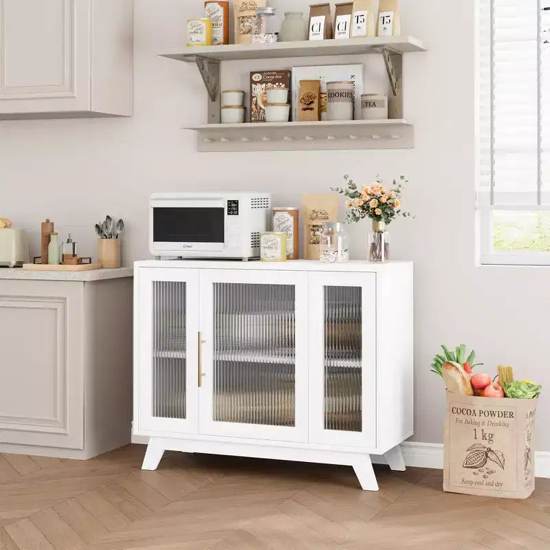 Buffet Cabinet with Storage, 36 Sideboard Cabinet with Fluted Glass Door, Retro Coffee Bar Station with Adjustable Shelf, White