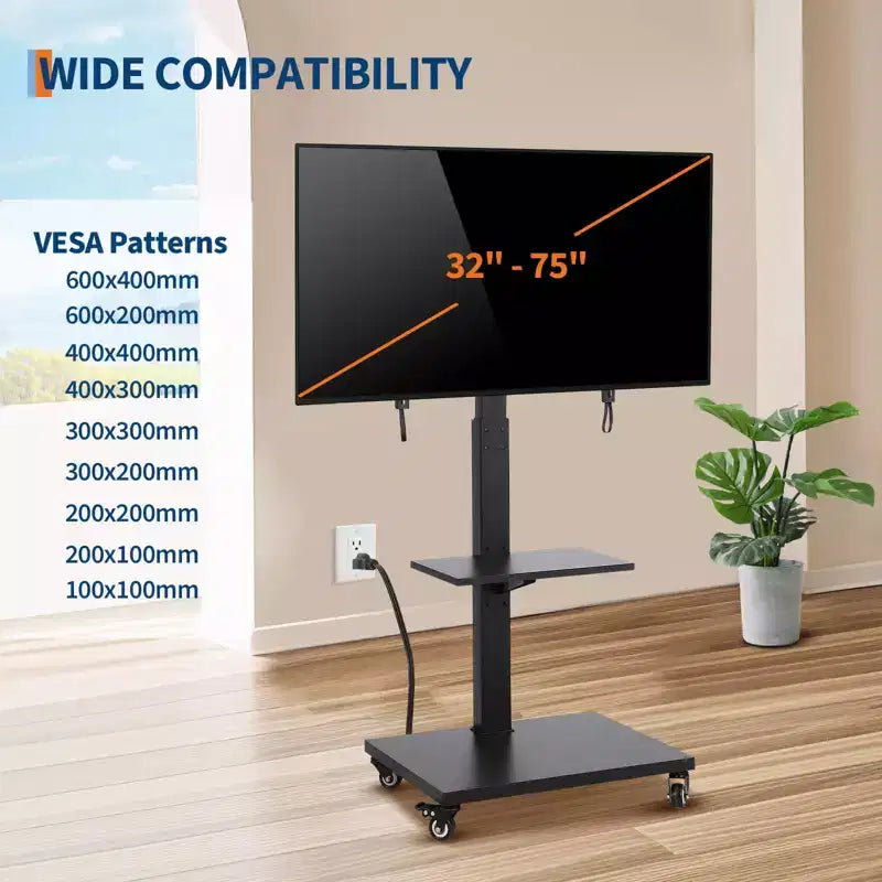 Mobile TV Stand with Power Outlet - Tilt & 360 Swivel Rolling, Height Adjustable TV Cart Trolley on Wheels for 32-75 Inch TVs, Holds Up to 110lbs