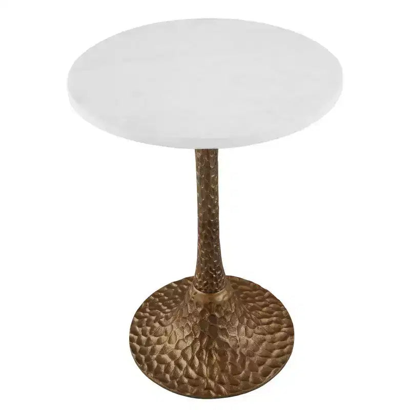 Royal Hampton 20.5 Inch Accent Side Table Round White Marble Top | Hammered Pedestal Base