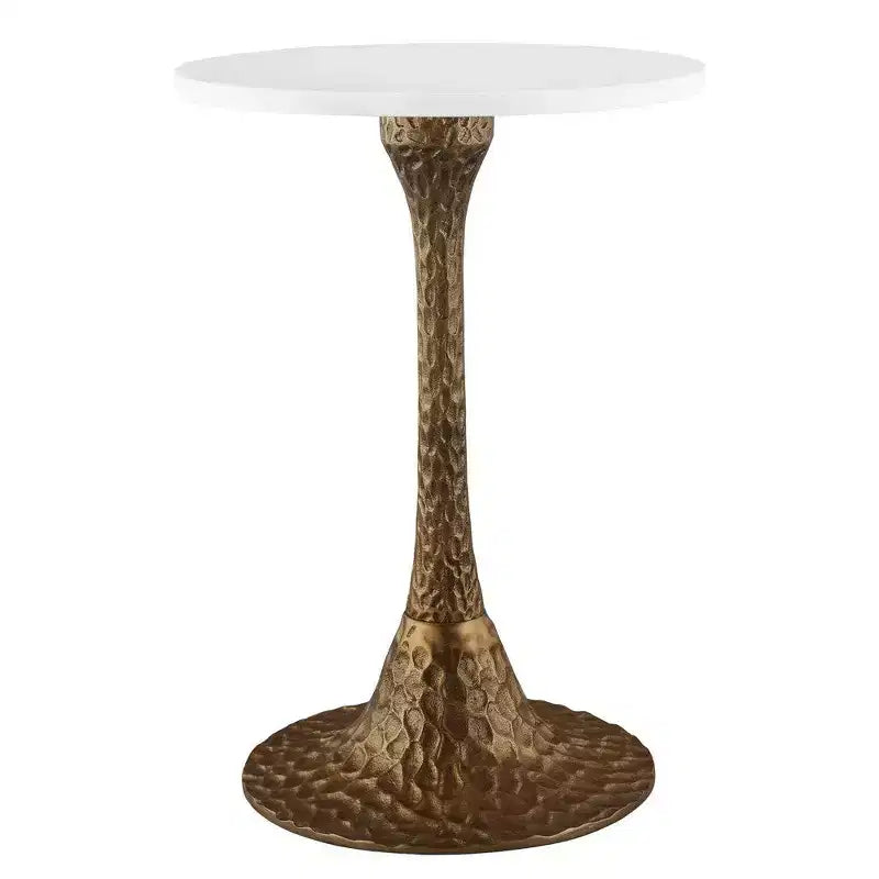 Royal Hampton 20.5 Inch Accent Side Table Round White Marble Top | Hammered Pedestal Base