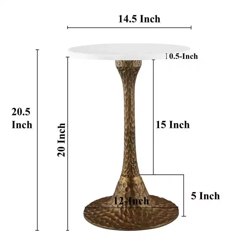 Royal Hampton 20.5 Inch Accent Side Table Round White Marble Top | Hammered Pedestal Base