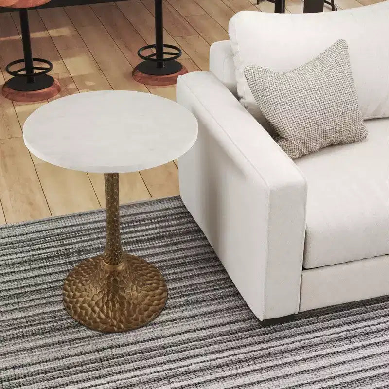 Royal Hampton 20.5 Inch Accent Side Table Round White Marble Top | Hammered Pedestal Base