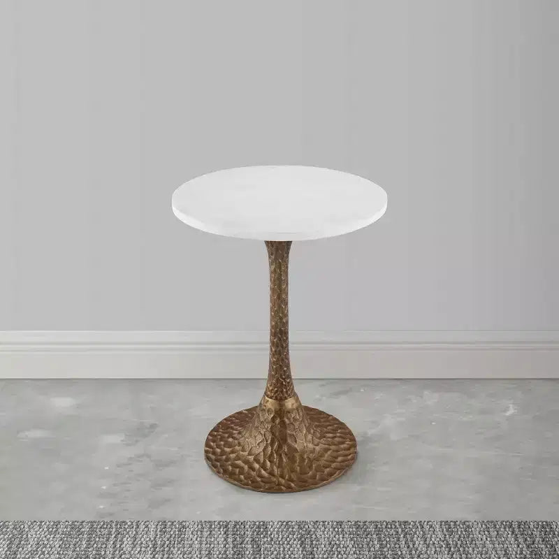 Royal Hampton 20.5 Inch Accent Side Table Round White Marble Top | Hammered Pedestal Base