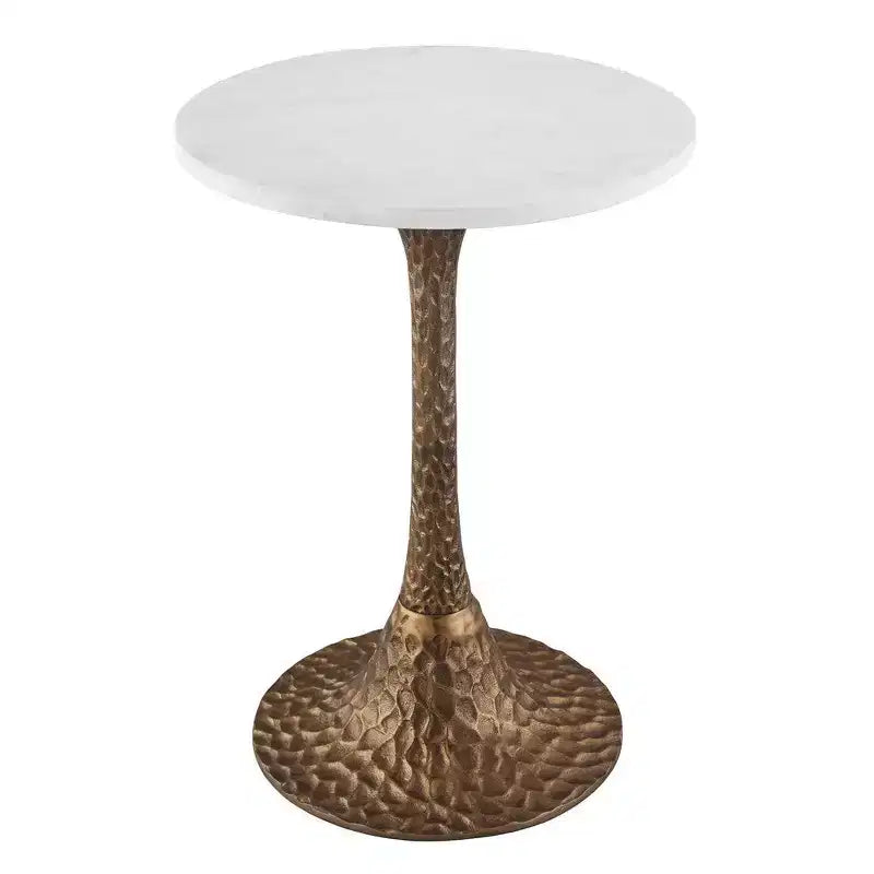 Royal Hampton 20.5 Inch Accent Side Table Round White Marble Top | Hammered Pedestal Base