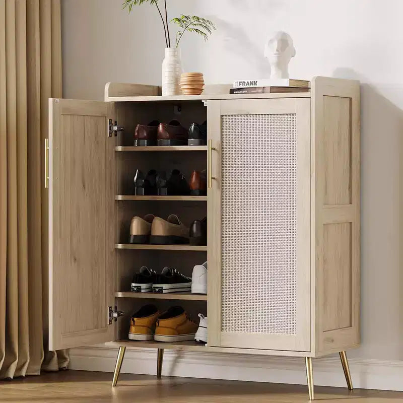 Rattan Shoe Cabinet, 5-Tier Shoe Storage Organizer Cabinet with Adjustable Shelf for Entryway, Freestanding Shoe Rack