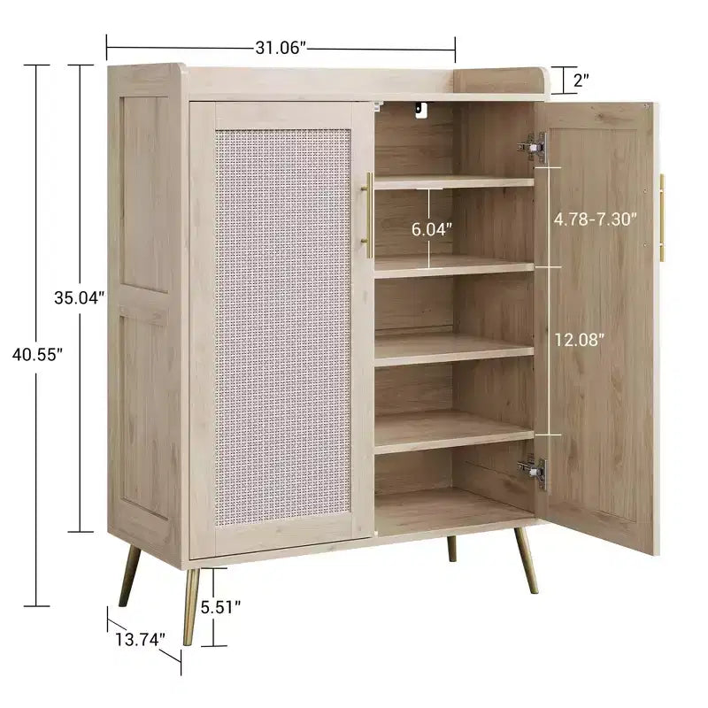 Rattan Shoe Cabinet, 5-Tier Shoe Storage Organizer Cabinet with Adjustable Shelf for Entryway, Freestanding Shoe Rack