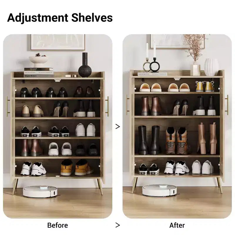 Rattan Shoe Cabinet, 5-Tier Shoe Storage Organizer Cabinet with Adjustable Shelf for Entryway, Freestanding Shoe Rack
