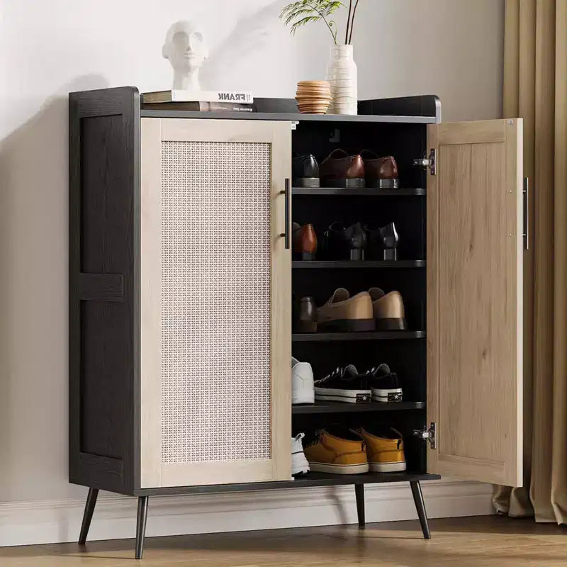 Rattan Shoe Cabinet, 5-Tier Shoe Storage Organizer Cabinet with Adjustable Shelf for Entryway, Freestanding Shoe Rack