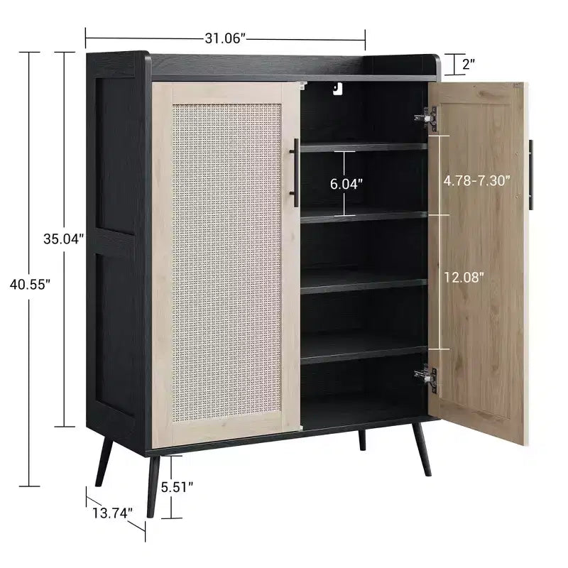 Rattan Shoe Cabinet, 5-Tier Shoe Storage Organizer Cabinet with Adjustable Shelf for Entryway, Freestanding Shoe Rack