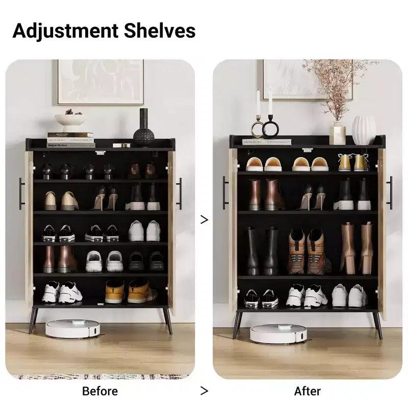 Rattan Shoe Cabinet, 5-Tier Shoe Storage Organizer Cabinet with Adjustable Shelf for Entryway, Freestanding Shoe Rack