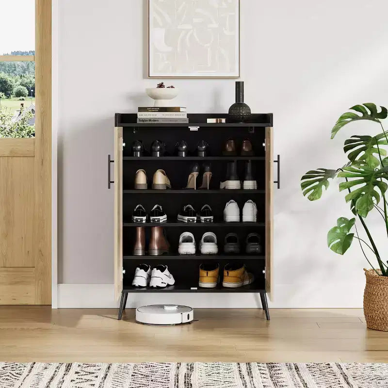 Rattan Shoe Cabinet, 5-Tier Shoe Storage Organizer Cabinet with Adjustable Shelf for Entryway, Freestanding Shoe Rack