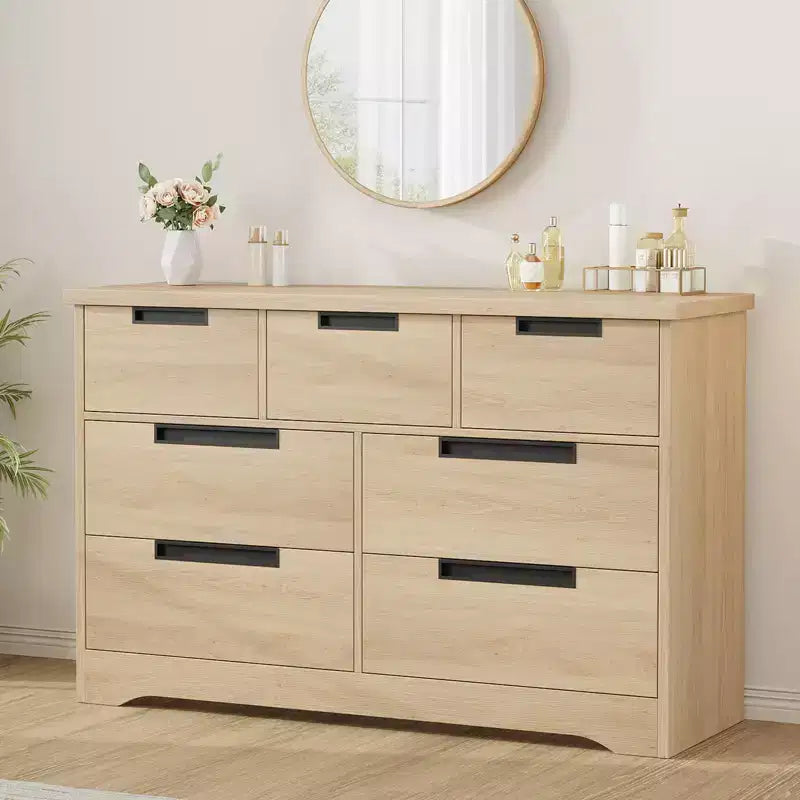 7 Drawer Dresser for Bedroom, Natural Modern Double Dresser Organizer with Embedded Handles Design, Wooden Chest of Drawers for Living Room, Hallway