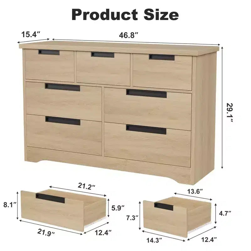 Commode à 7 tiroirs pour chambre à coucher, commode double moderne naturelle avec poignées encastrées, commode en bois pour salon, couloir