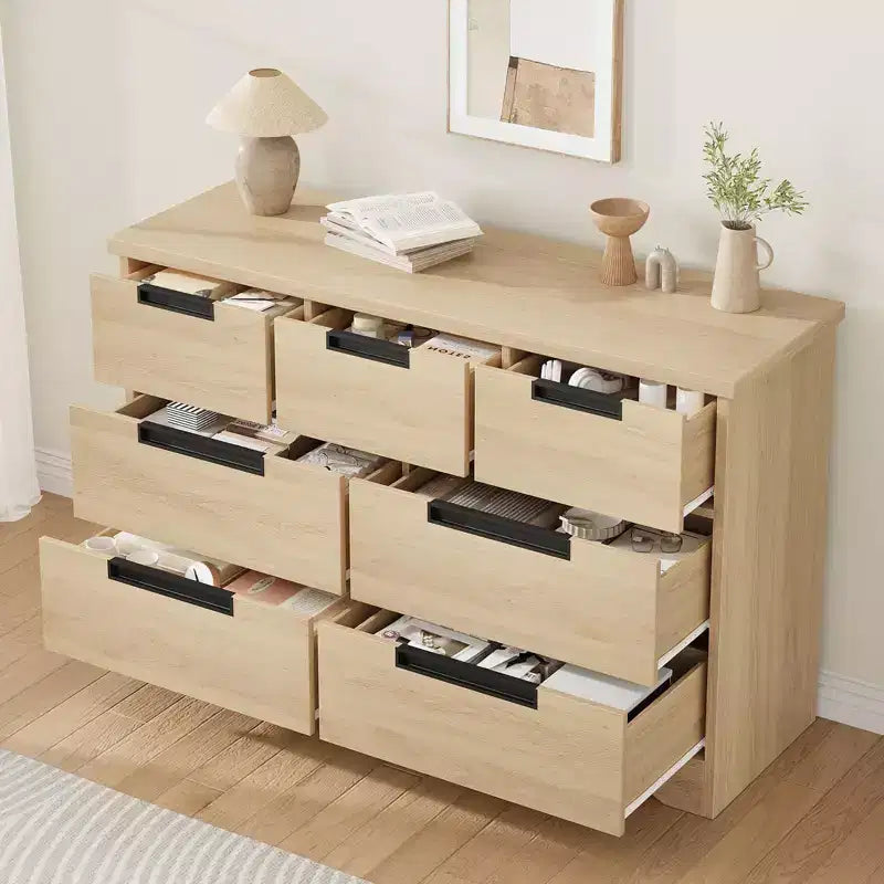 Commode à 7 tiroirs pour chambre à coucher, commode double moderne naturelle avec poignées encastrées, commode en bois pour salon, couloir