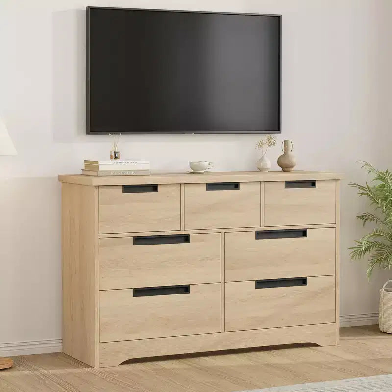 Commode à 7 tiroirs pour chambre à coucher, commode double moderne naturelle avec poignées encastrées, commode en bois pour salon, couloir