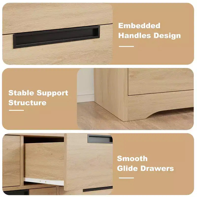 Commode à 7 tiroirs pour chambre à coucher, commode double moderne naturelle avec poignées encastrées, commode en bois pour salon, couloir