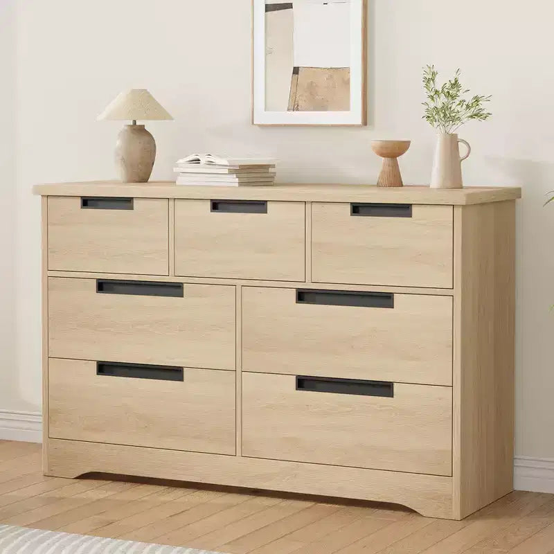 Commode à 7 tiroirs pour chambre à coucher, commode double moderne naturelle avec poignées encastrées, commode en bois pour salon, couloir