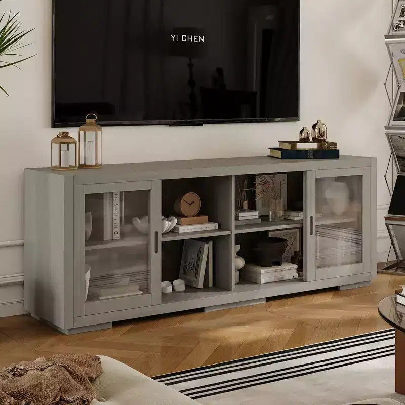 Famapy Industrial TV Stand for living Room: Sliding Glass Doors, Adjustable Shelves, Space - Smart Design Media Console