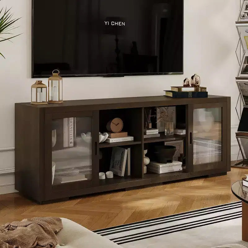 Famapy Industrial TV Stand for living Room: Sliding Glass Doors, Adjustable Shelves, Space - Smart Design Media Console